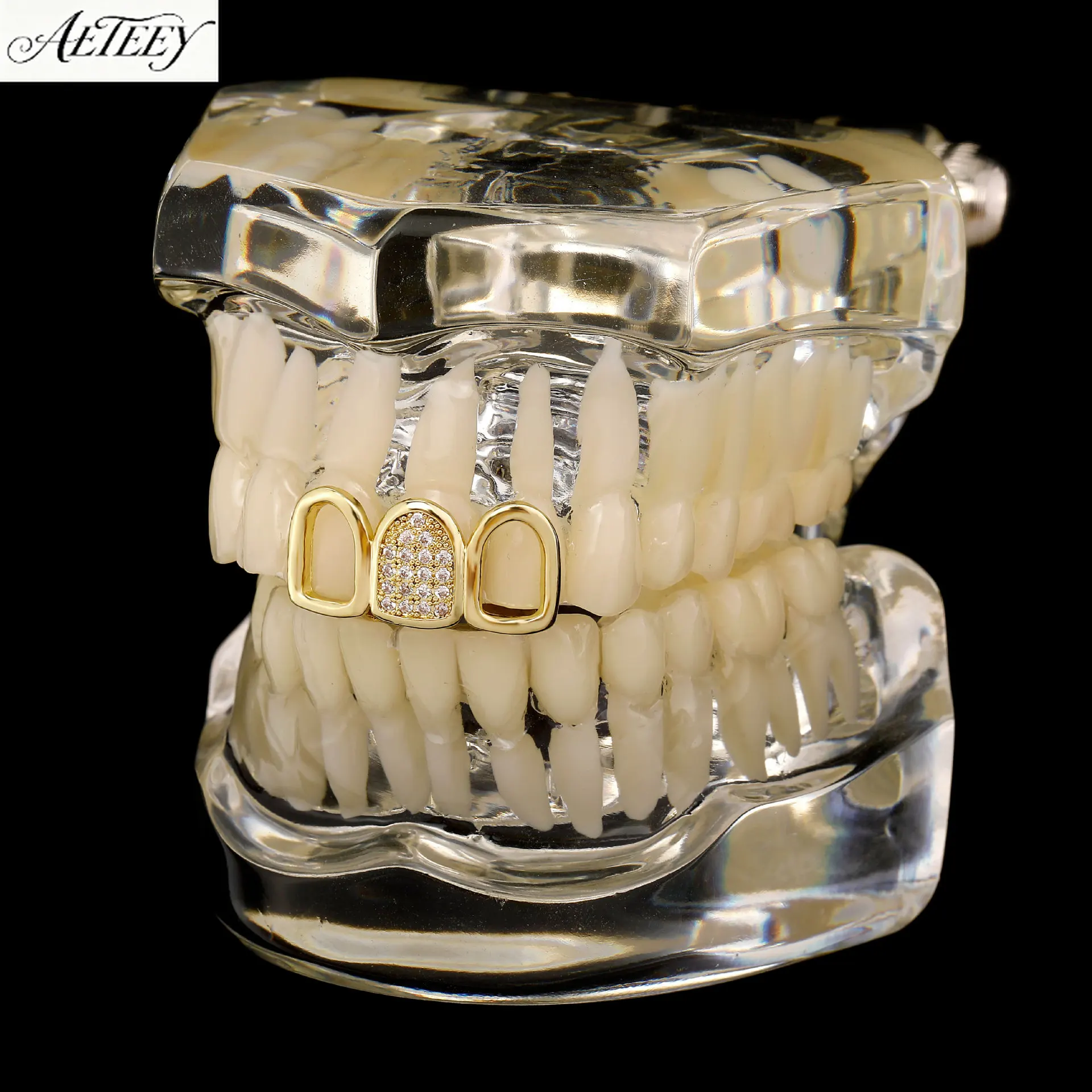 Real Gold Plated Hollow Three Row Zircon Grillz Hip Hop Halloween Personalized Tooth Jewelry
