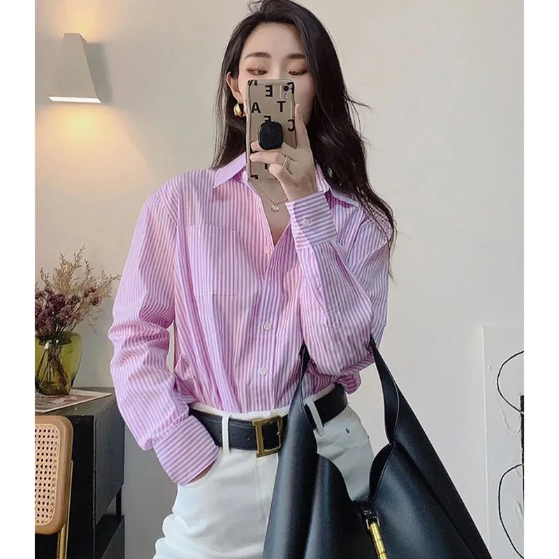春秋の女性用ストライプシャツコート、レディースファッション長袖シャツトップス、フランス風女性用プレミアムフレッシュカジュアルカーディガンブラウス