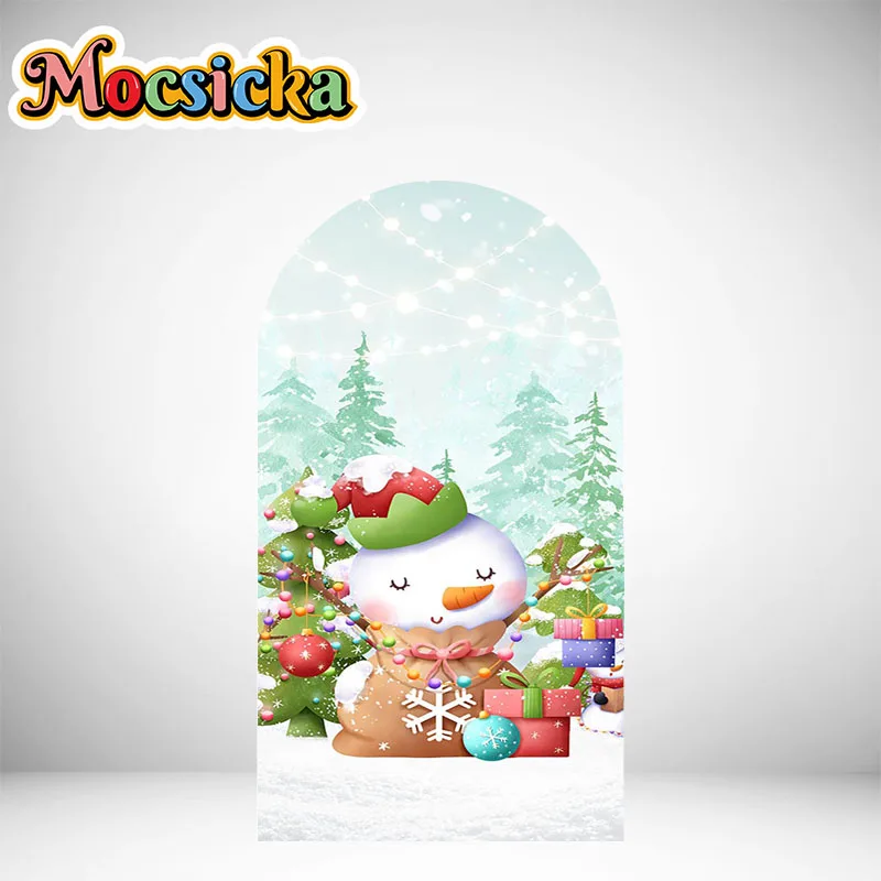 Christmas Snow House Double Sided Arch Backdrop Cute Cartoon Snowman Santa Claus Photography Background Family Party Studio Prop