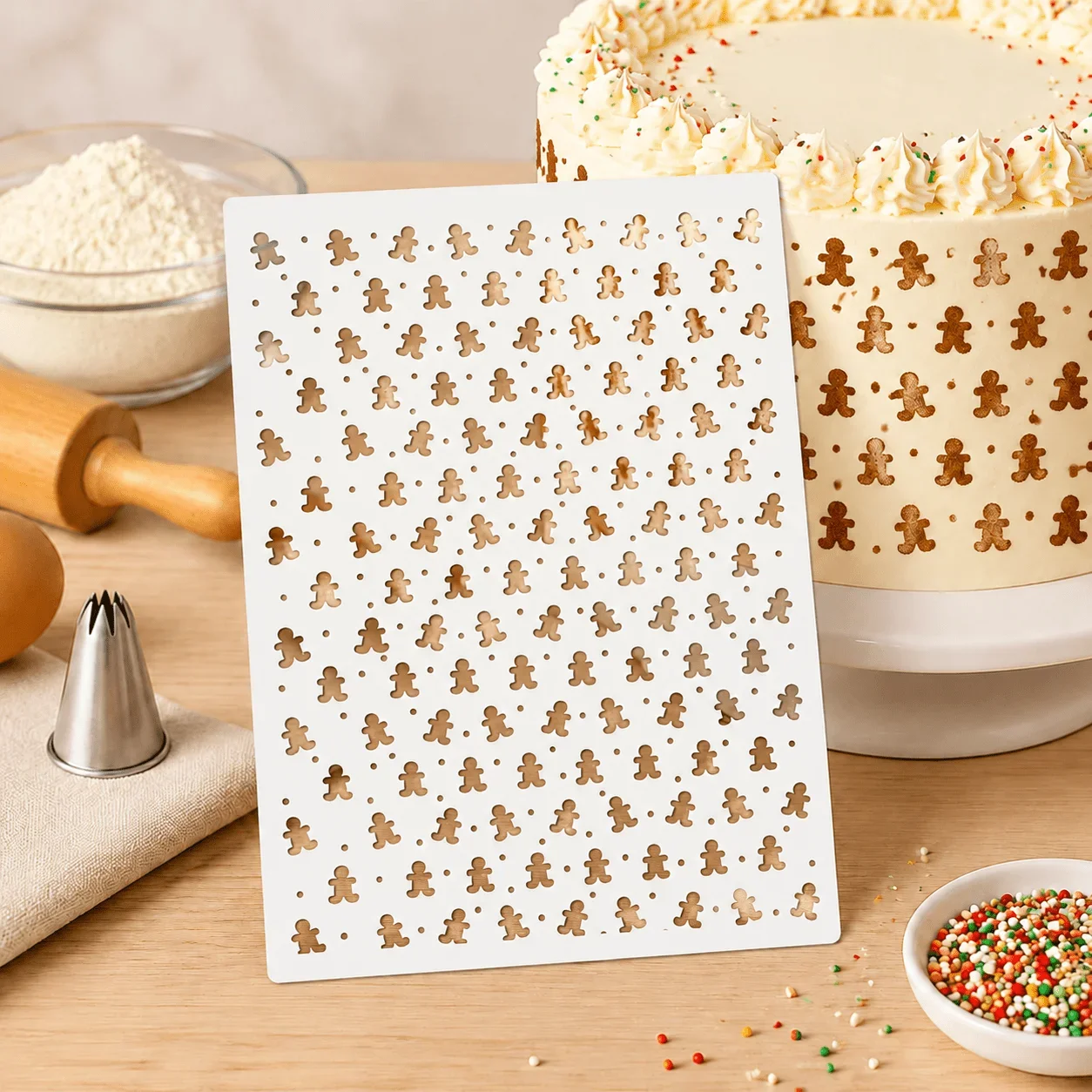 Gingerbread Man Cake Stencil, Reusable Xmas Cake Side Template, Christmas Baking Dusting Decor Tool for Cocoa Powder Sugar