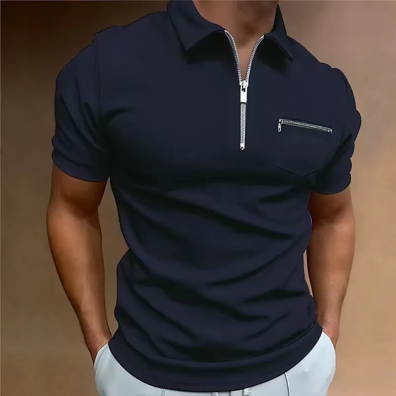 2023 Summer Trip Men\'s Casual Short-Sleeved Polo Shirt Chest Zipper Pocket T-Shirt Men\'s Breathable Polo Shirt Men\'s Clothing