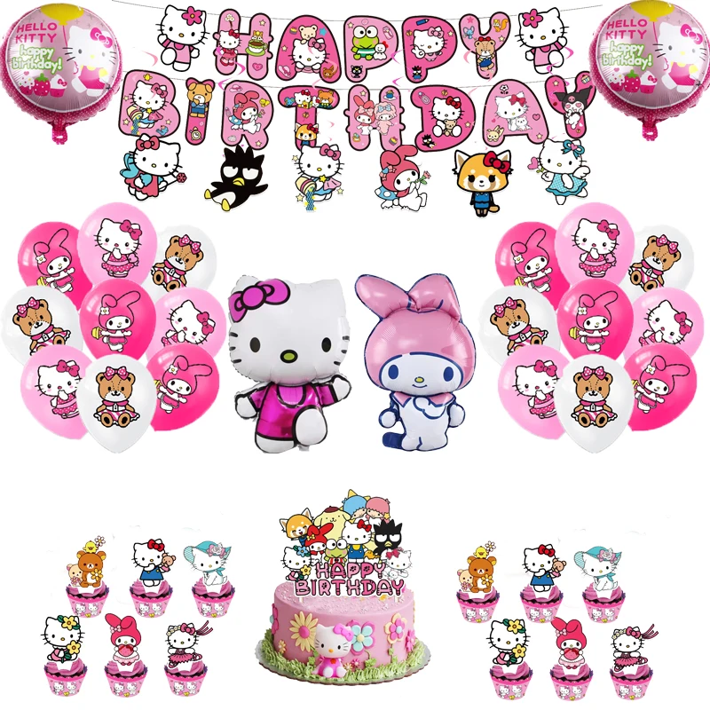 Hello kitty Birthday Party Decoration Tableware Supplies Hello kitty Melody Foil Balloon Backdrop Banner Cake Topper Baby Shower