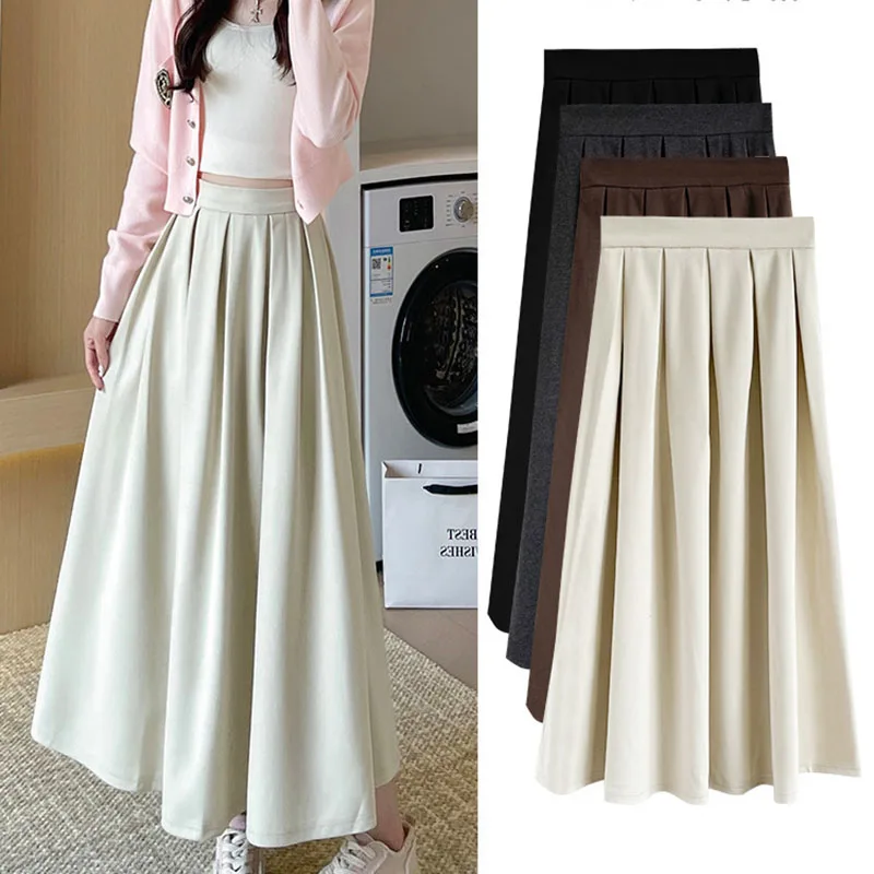 

Winter Elegant Woolen Pleated Skirts for Women High Waist Slim A-line Midi Skirt Women Casual Chic Long Skirt Office Lady Faldas
