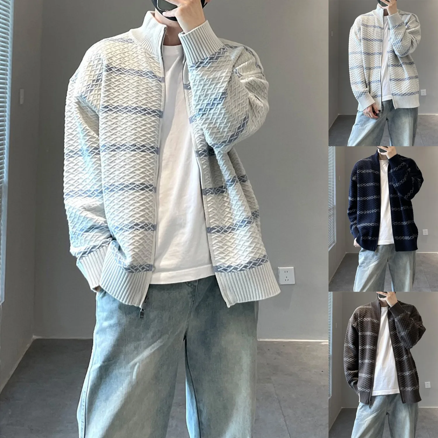 

Вязаный кардиган на молнии в полоску, мужской зимний теплый верхняя одежда с воротником-стойкой, повседневная длинная све, обычная длина