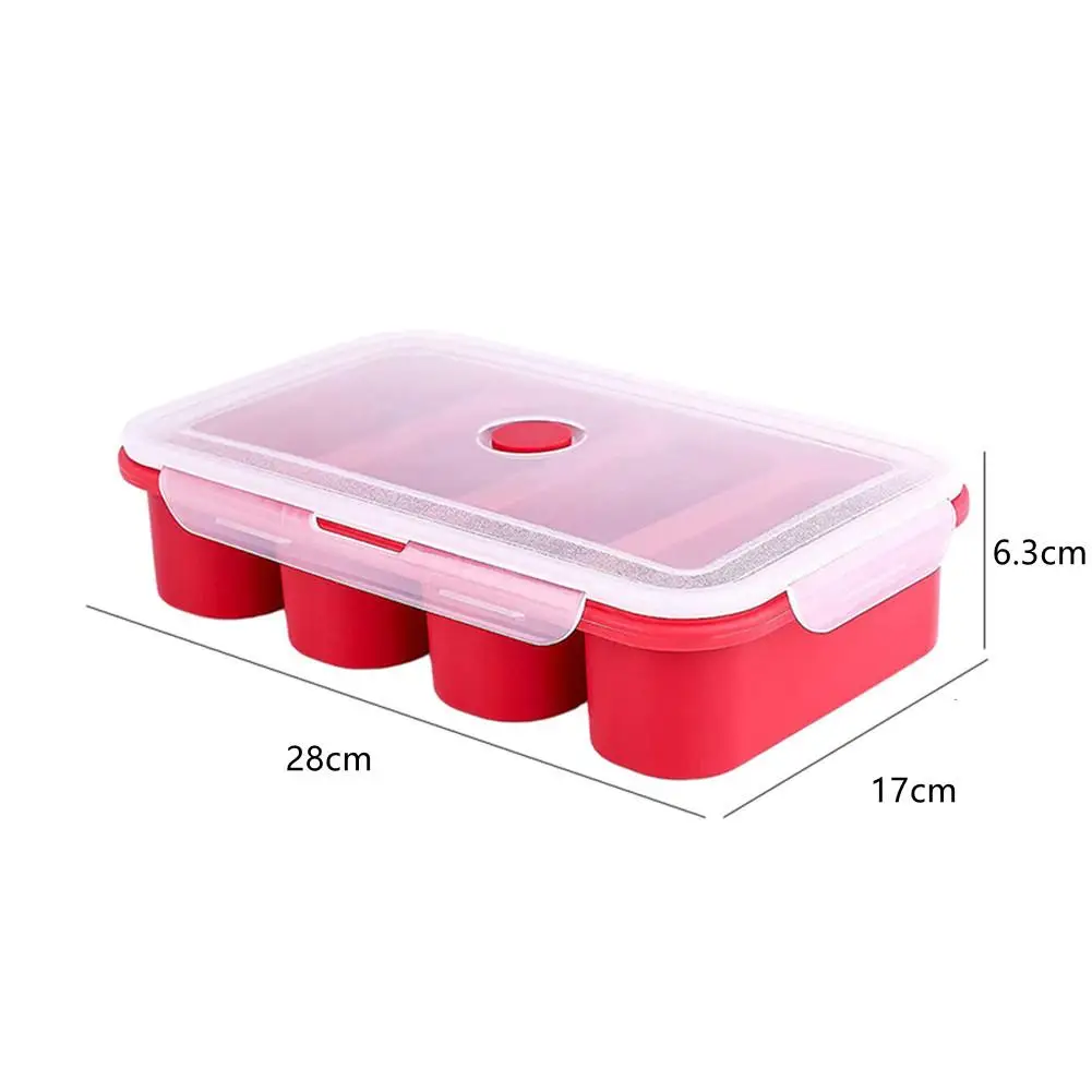 Silicone Freezer Tray Soup 4 Cubes Food Freezing Container Molds With Lid Frozen Packaging Box for Kitchen Dining Bar Supplies