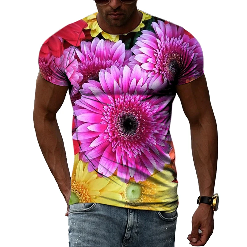 Summer Men\'s Flower Pattern Printed T-Shirt Hip-Hop Element Trend Round Neck Tees Seasonality Fashion Handsome Short Sleeve Tops