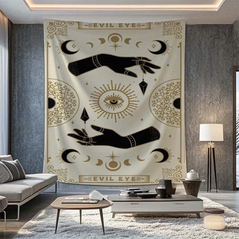 Evil Eye Tarot Tapestry - Beige Black Polyester Wall Hanging with Crescent Moon Sun Star Pattern for Living Room Classroom