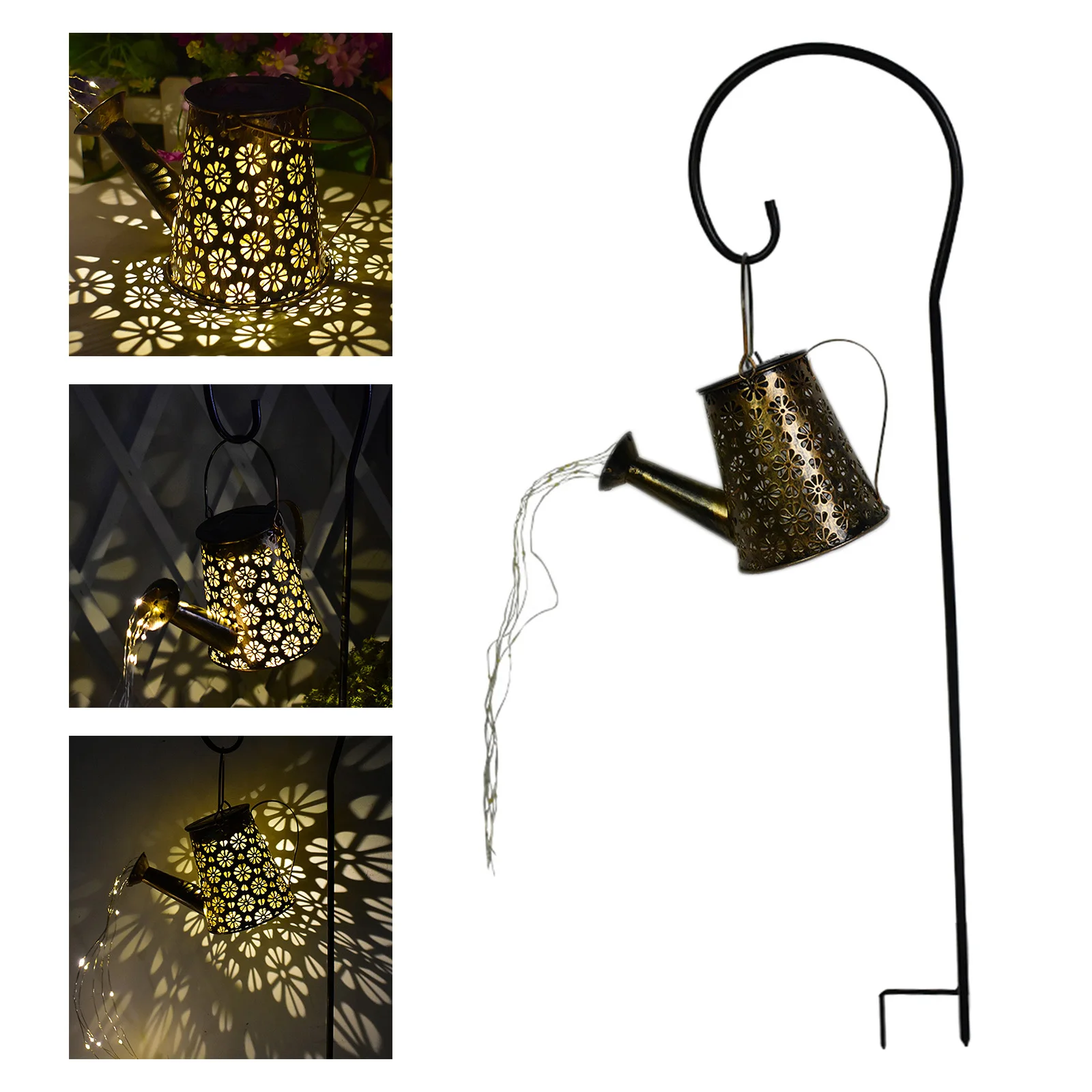 with Hollow Pattern Design Fairy String Lamp, Solar Watering Can Lights Outdoor