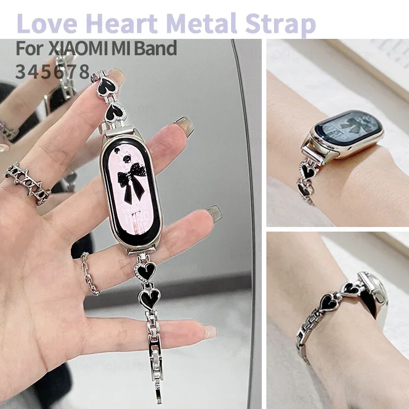 Love Heart Metal Strap for Xiaomi Mi Band 8 7 Luxury Wristband Bracelet for Miband 6 5 4 3 Mi 8 Smartwatch Jewelry Accessories