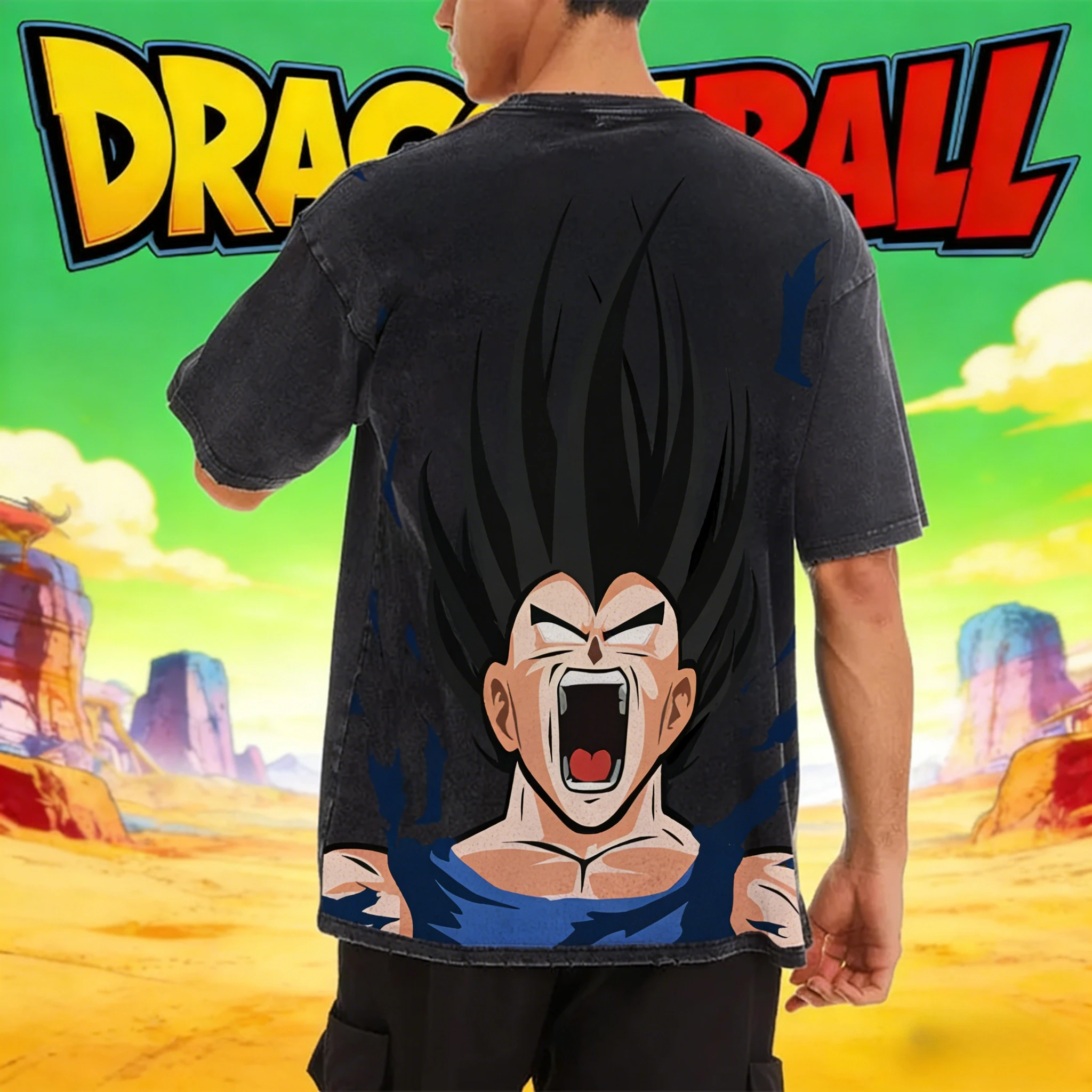 Dragon Ball Vegeta Rage Form Vintage Washed T-Shirt High Combustion High Street Style Kurzarm Sommer Herren und Damen Top