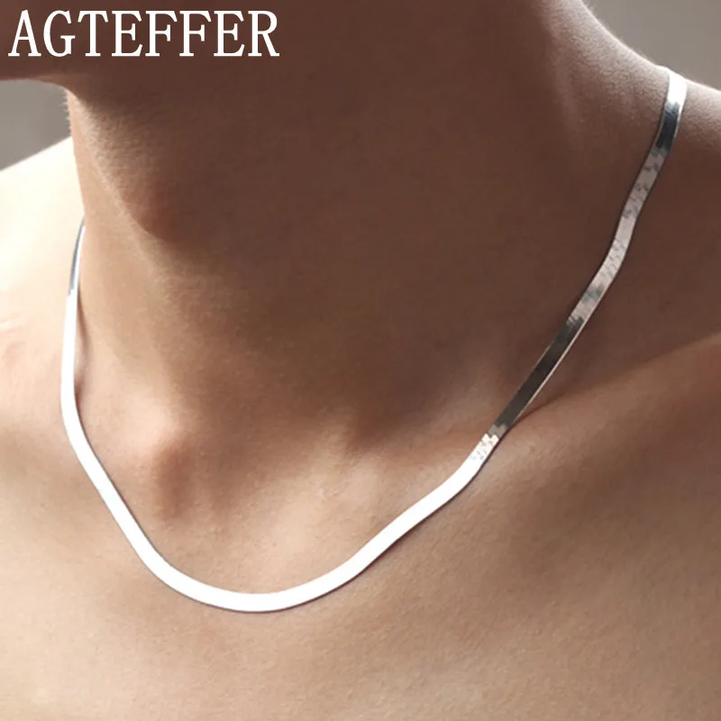 AGTEFFER 925 Sterling Silver Necklace 4MM Snake Chain Men & Women Couple Sterling Silver Jewelry Blade Chain