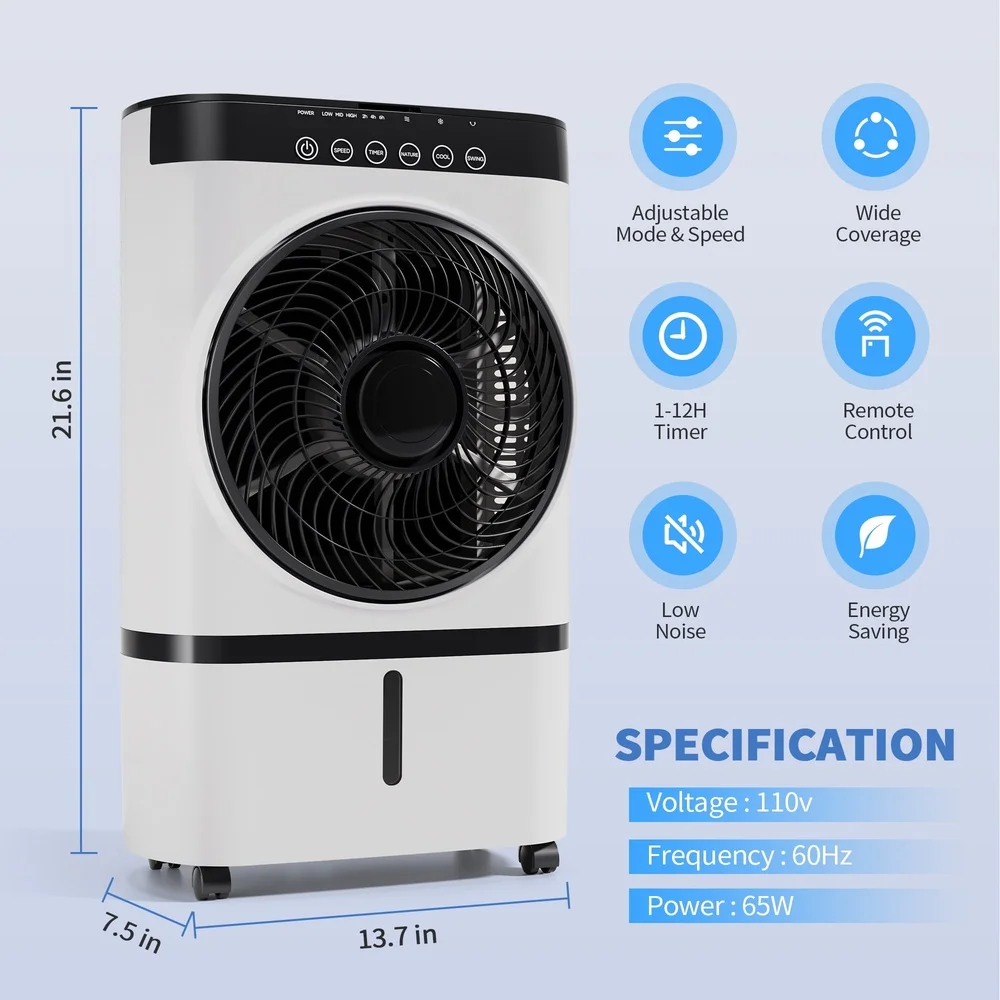 3-in-1 Portable Air Cooler with Remote Control Evaporative Fan Humidifier Quiet Operation Dual Water Tank System Home Office