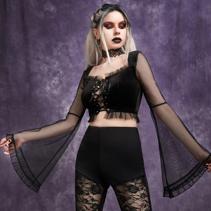 Women Gothic Punk Velvet Bodycon Black Crop Top Sheer Mesh Flared Long Sleeve Ruffles Crisscross Lace-Up Bandage T-Shirt