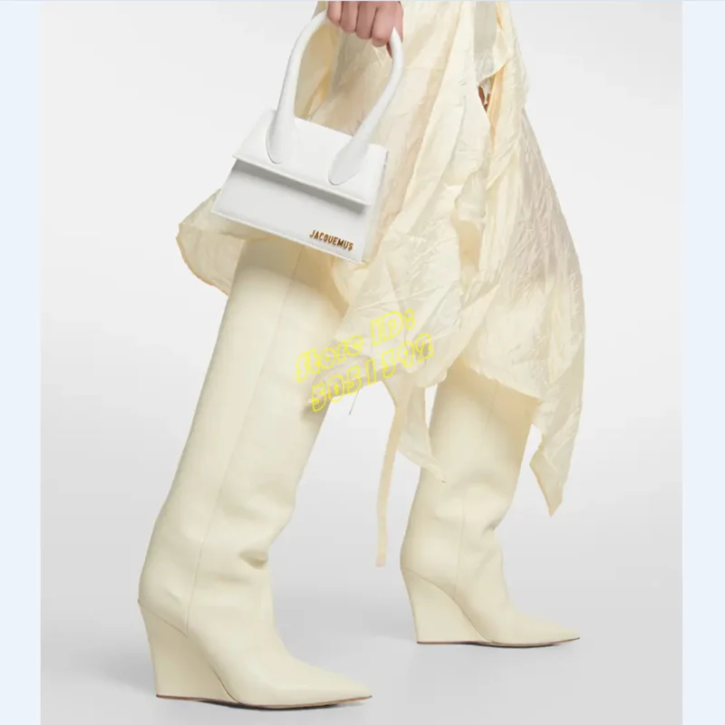 Wedges Knee High Leather Boots Sexy Pointy Toe Slip On Runway 2026 Winter Autumn Women Dress Shoes Solid Matte Leather Tan Black