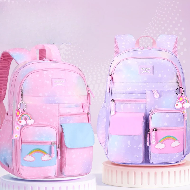 Elementary School Girl's Cute Rainbow Backpack Large Capacity Side-Opening Design Grades 1-2-3-6 5-Pocket Backpack