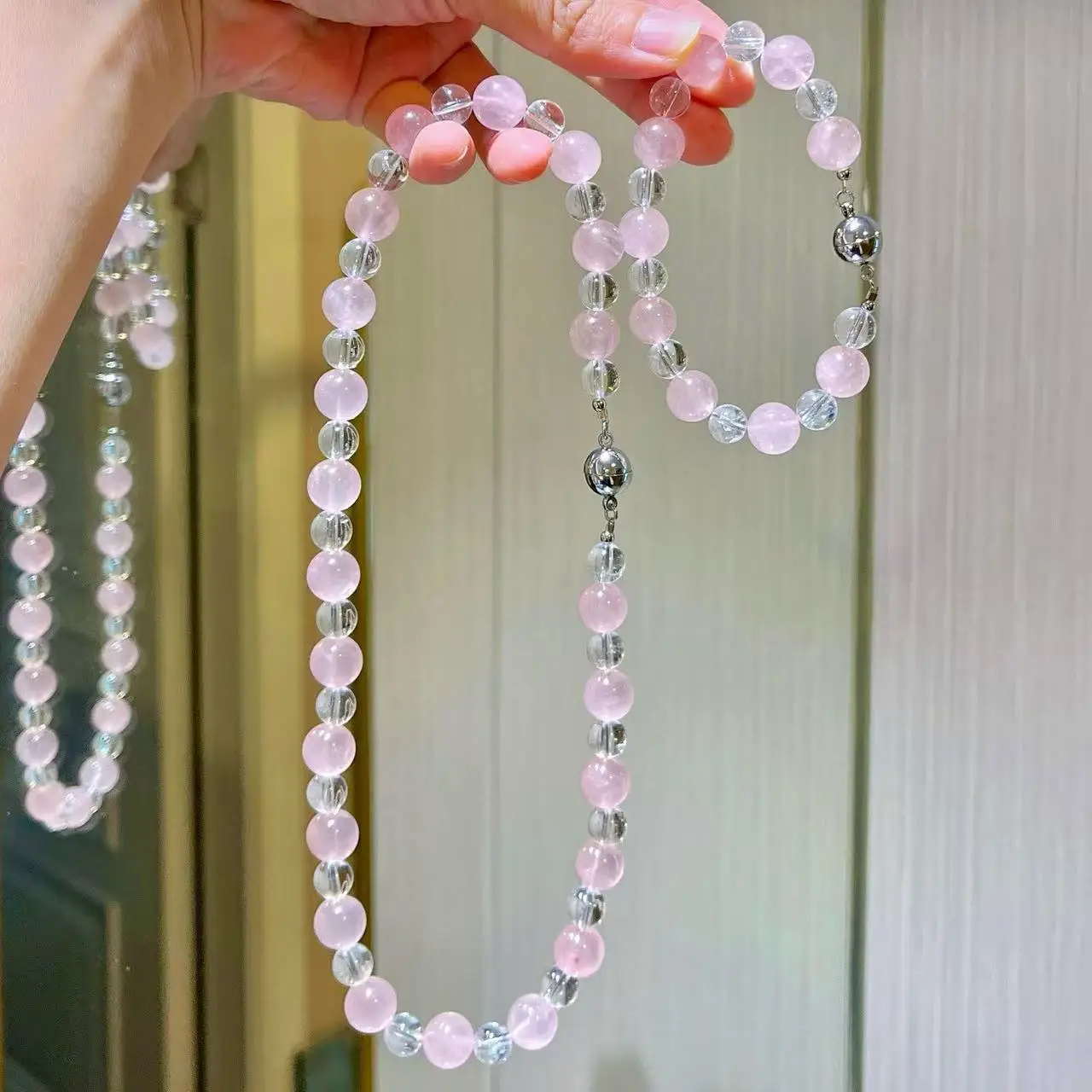 Everyday Romance: Rose Quartz & Clear Quartz Starlight Necklace & Bracelet Set, Natural Gemstone Jewelry for Effortless Style