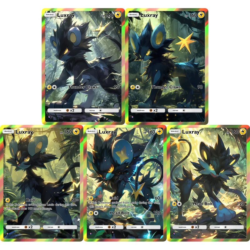 5Pcs Luxray Trading Cards Set Full Art Holographic Electric Creature Collectible Game Cards Kids Fans Gift