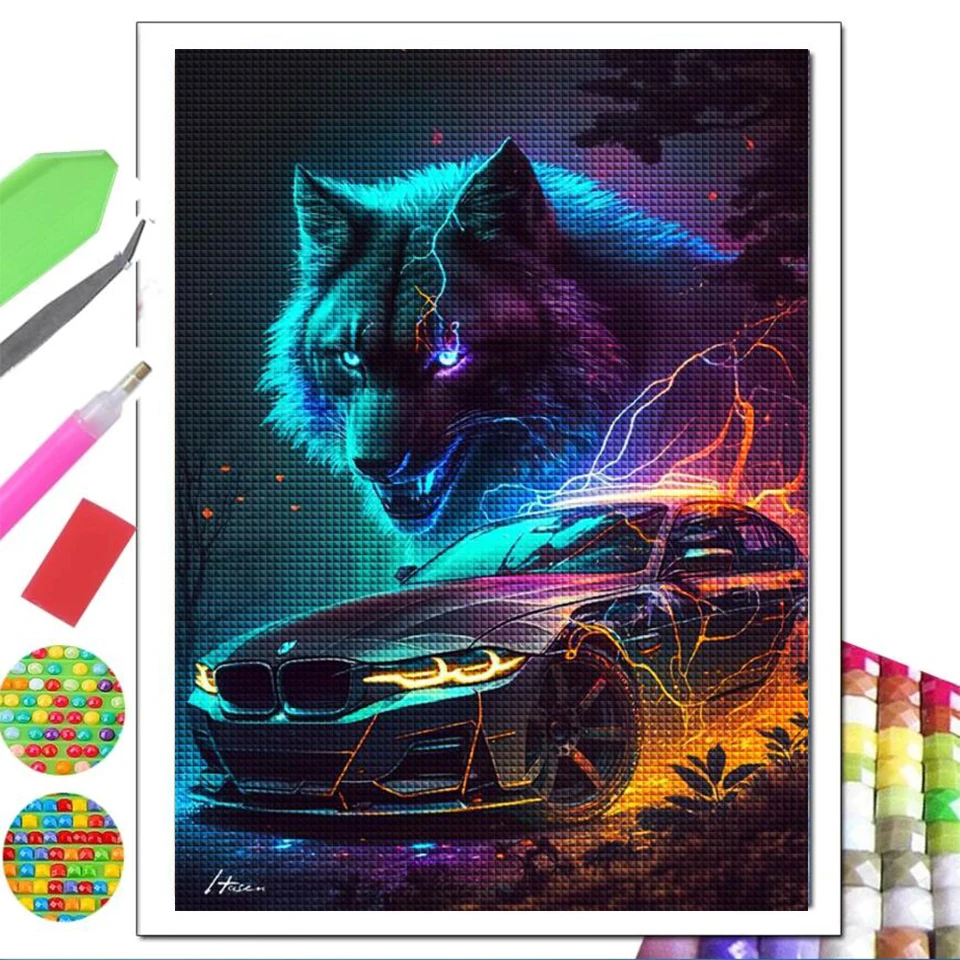 Neon Speed Panther และรถเพชรจิตรกรรมชุด 5D DIY เต็มเจาะข้ามตะเข็บ Mosaic สัตว์ Handmade ของขวัญ 2023 New Home Decor