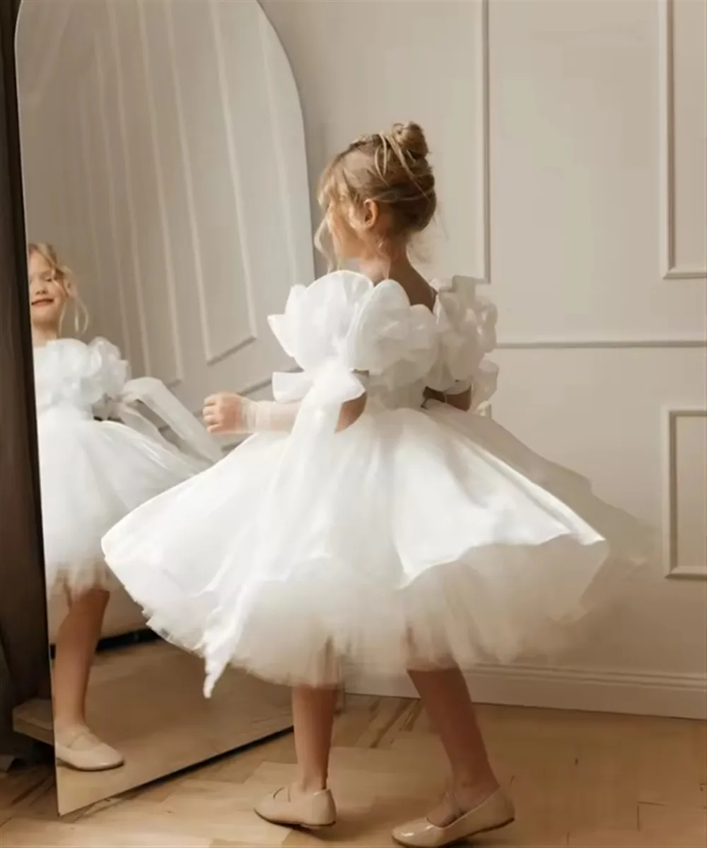 فستان فتاة الزهور الجنية لحفلات الزفاف بدون أكتاف مكشكش مع فيونكة منتفخة فستان التواصل الأول للفتيات لحفلات أعياد الميلاد