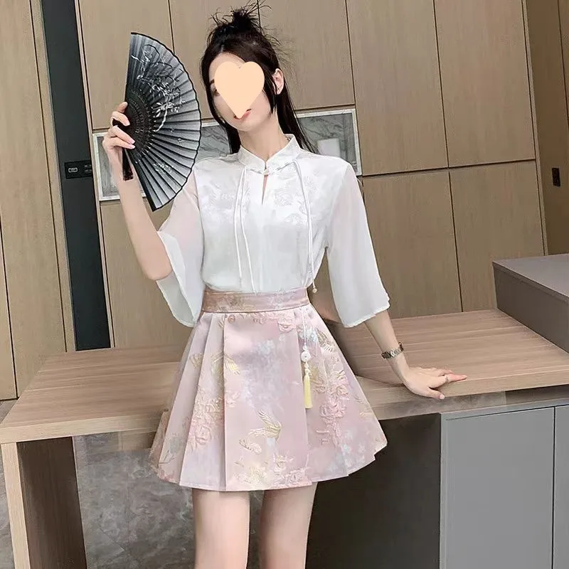 

Women's New Chinese Style Cheongsam Top Ma Mian Skirt Set Traditional Chinese Work Uniform