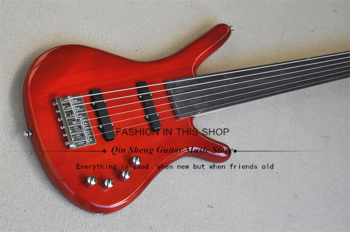 6 String Electric Guitar Bass, Red Brown Body,Fretless Rosewood fingerboard ,active battery case