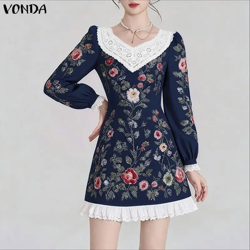 VONDA 보헤미안 꽃 프린트 드레스 여성 긴 퍼프 슬리브 레이스 패치 워크 미니 베스 티드 섹시한 v 넥 패션 streetwear sundress