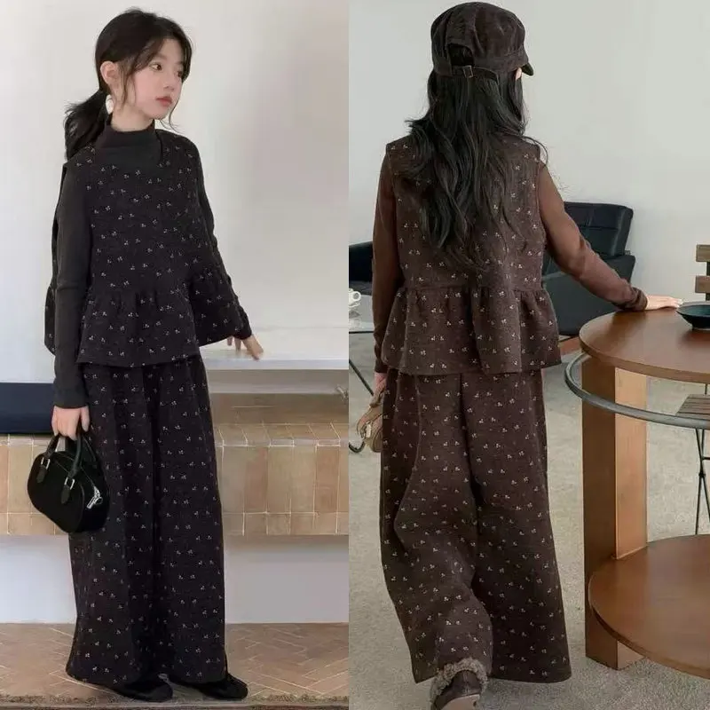 Girls Sets Floral Wool‑Blend Vest 3‑Piece Outfit Vest + Long‑Sleeve Undershirt + Pants Set 2026 Autumn Winter New Kids Suit