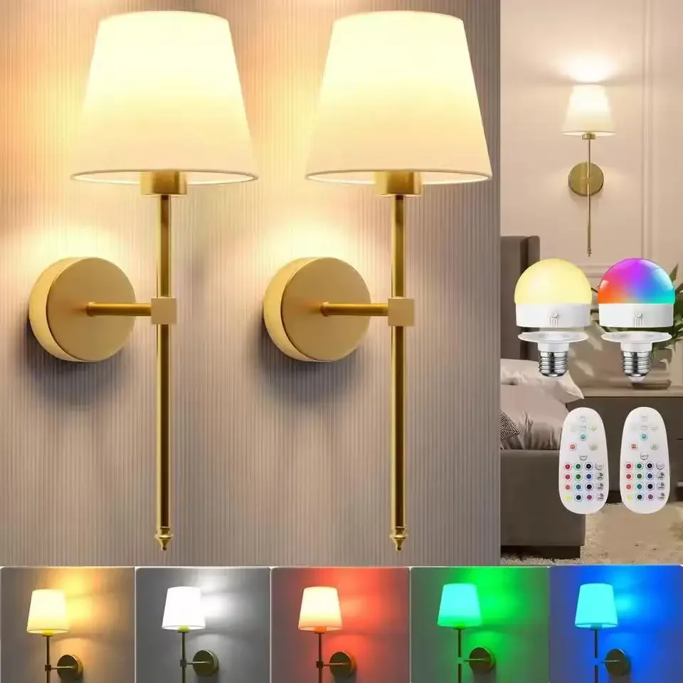 Battery Operated Wall Sconce Gold Rechargeable Wall Lights with Dimmable Bulbs and Remote,12 Colors Wireless Wall Lamps
