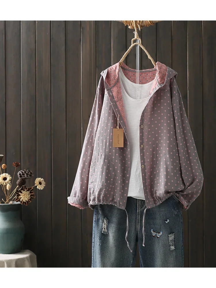 Vintage Polka Dots Pattern Double Layers Cotton Yarn Long Sleeve Hooded Cardigan Shirt Blouse