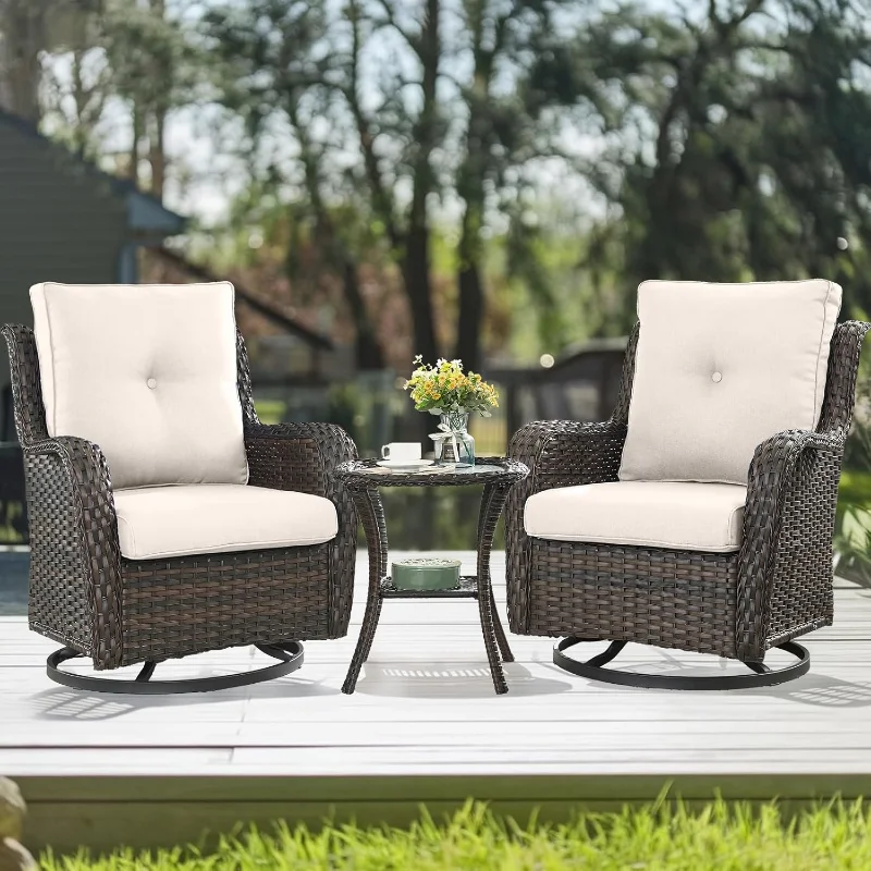 

HUMMUH 3-Piece Swivel Rocking Rattan Chair Outdoor, Patio Bistro Furniture Conversation Set, Cushioned Wicker Chair