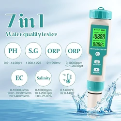 Digital Water Quality Detector, 7 in 1 PH/TDS/EC/Salt/S.G/ORP/Temp Meter, Multi-Function Water Quality Tester Monitor, For Pools