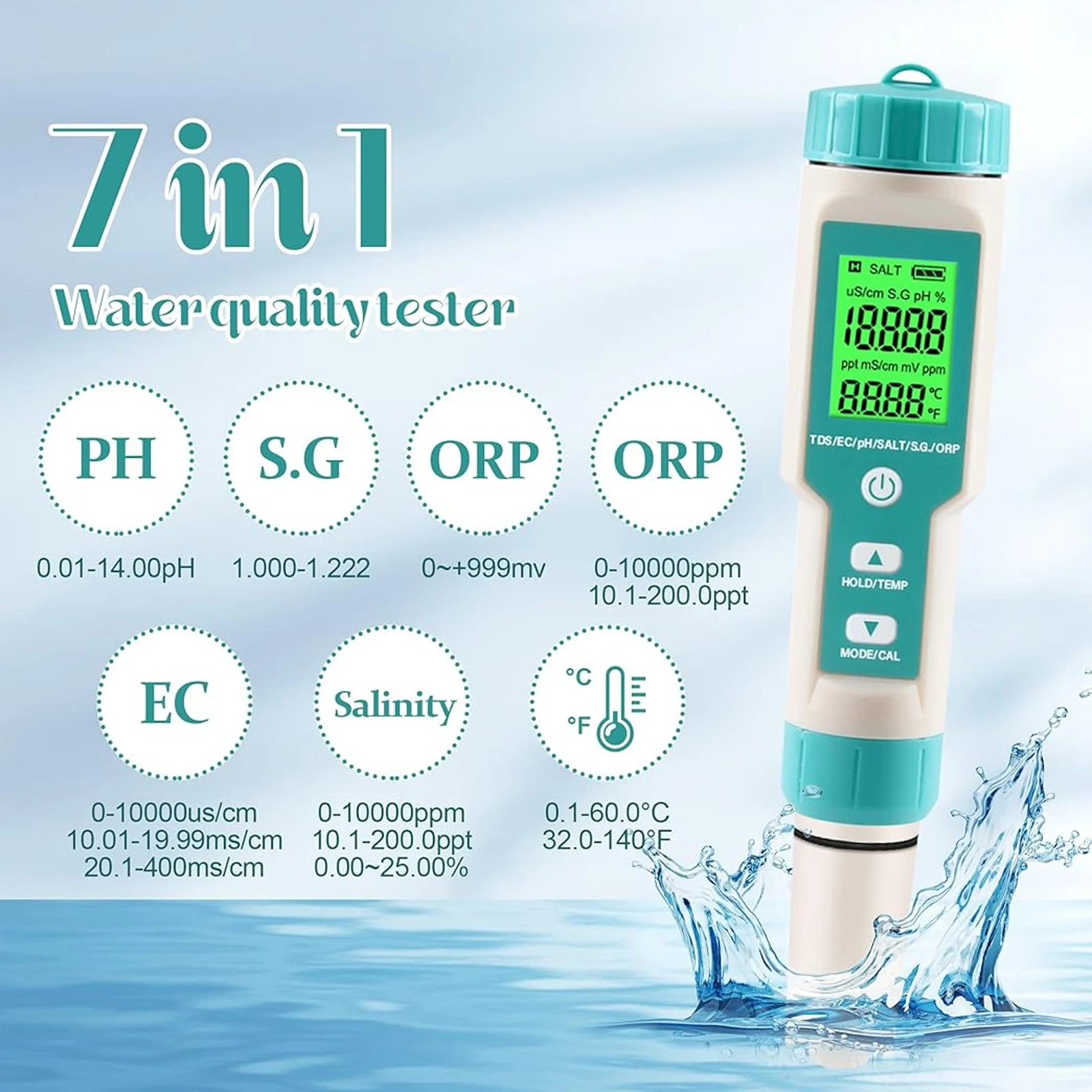 Digital Water Quality Detector, 7 in 1 PH/TDS/EC/Salt/S.G/ORP/Temp Meter, Multi-Function Water Quality Tester Monitor, For Pools