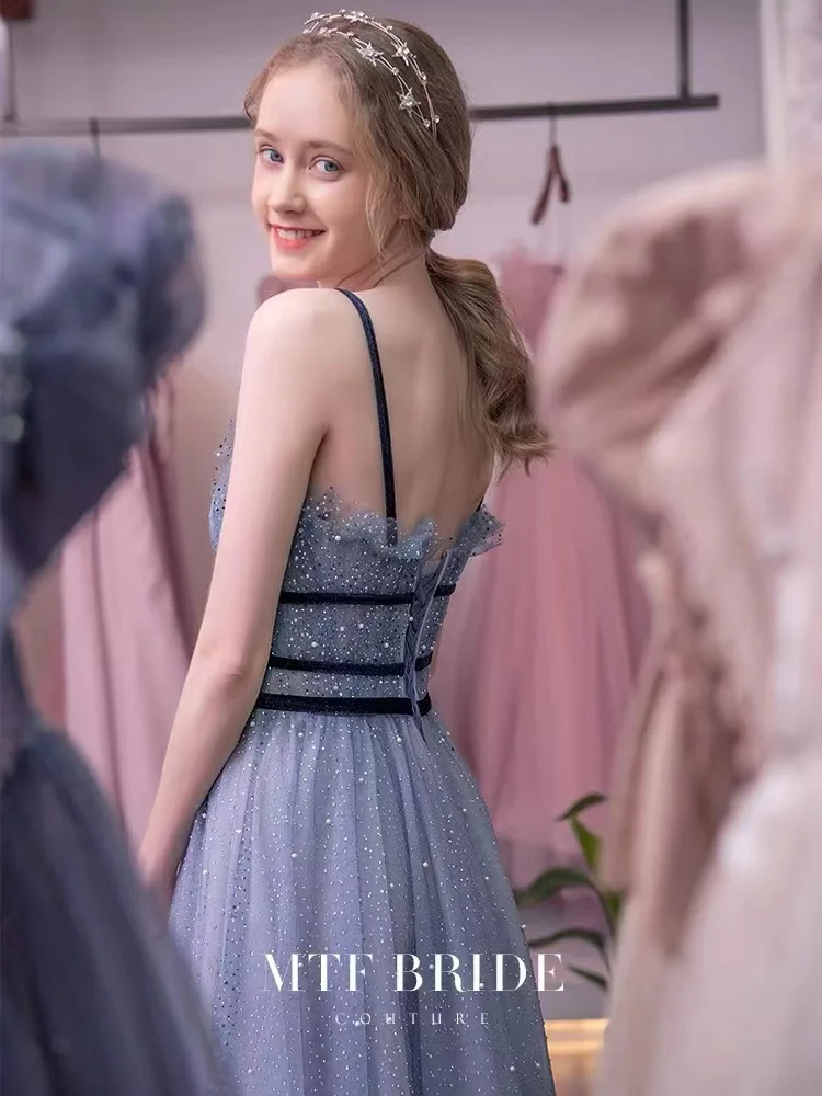 

Star Blue Evening Dresses A-Line Elegant Boat Neck Spaghetti Strap Beading Tulle Lace Up Princess Party Birthday Graduation Gown
