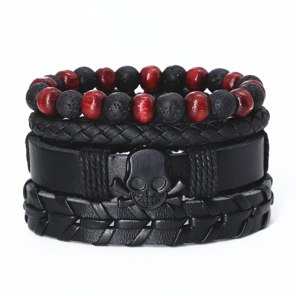 New Volcanic Stone Beaded Men Bracelets Genuine Leather Woven Black Skull Charm 4 Pcs/Set Homme Male Jewelry