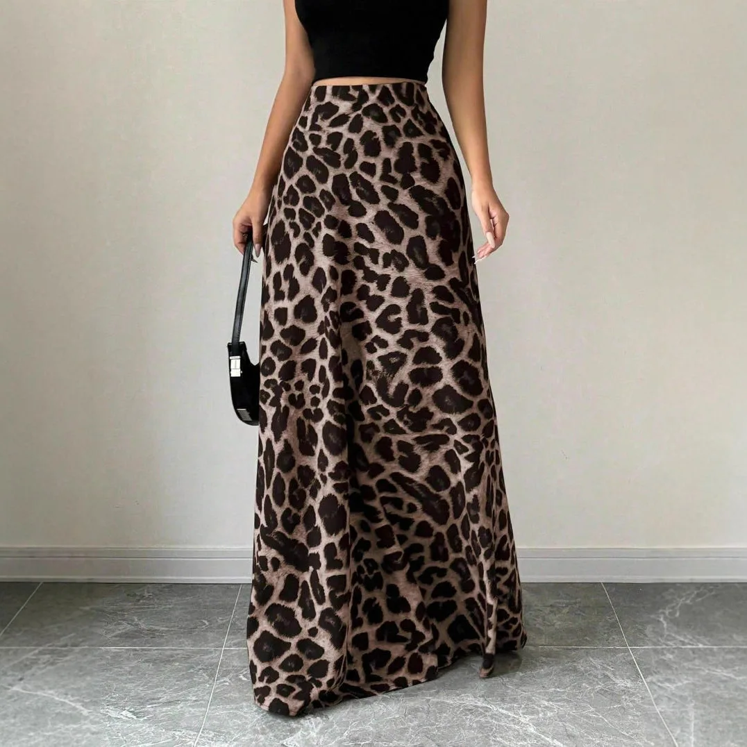 

Women's Satin Leopard Print Maxi Skirt 2025 Summer High Waist A-Line Sexy Slim Fit Party Skirts