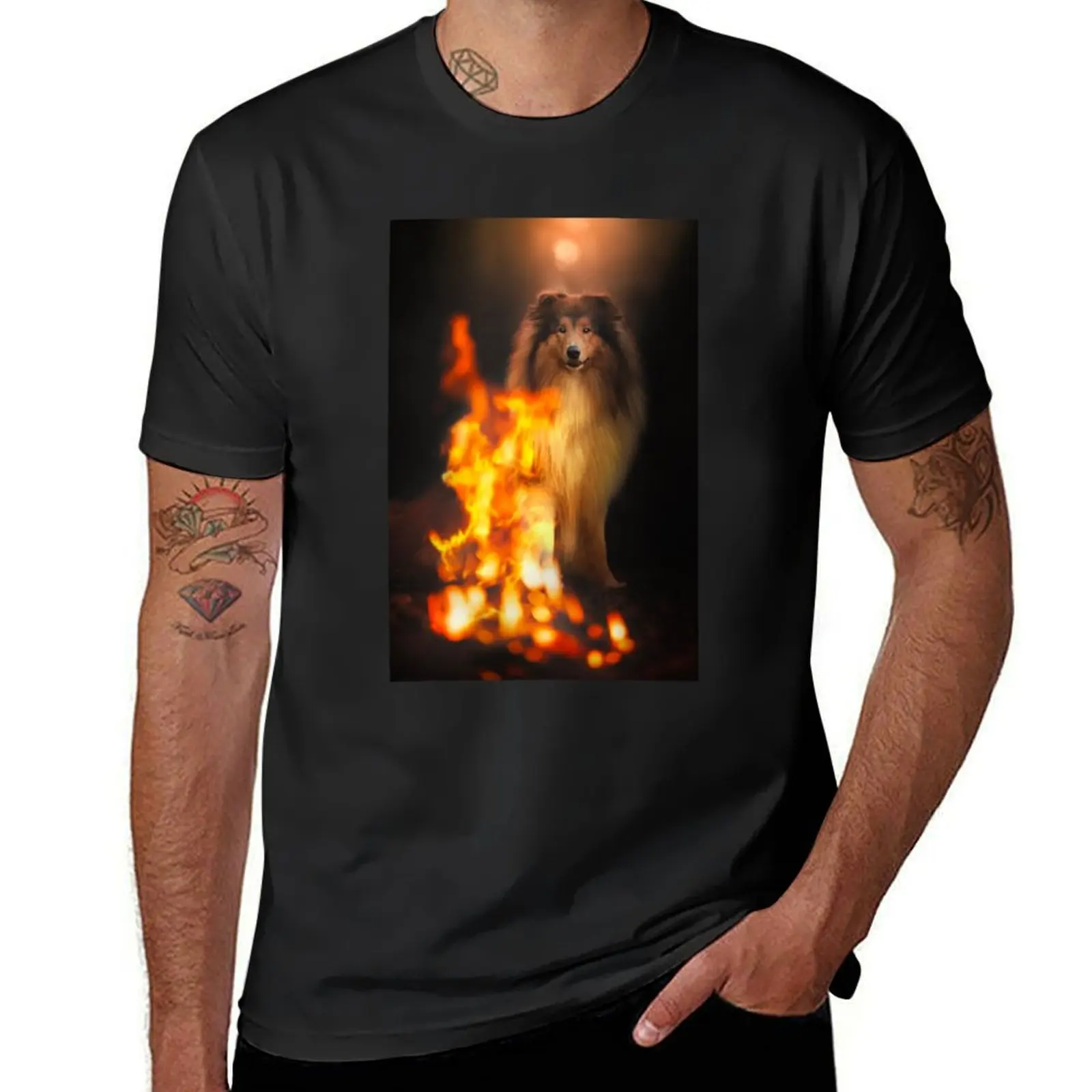 Rough Collie dog, fire, photo, dog photography T-Shirt tees for a boy t shirts for men graphic