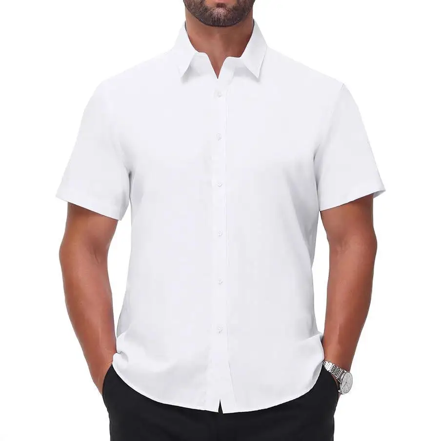 

New Men's Formal Shirt Short Sleeve Elastic No Ironing Pure Color Daily Wear PU Leather Fabric Spring Season Non-deformable