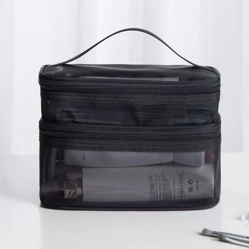 Portable Handheld Mesh Cosmetic Pouch Large Capacity Toiletry Organizer Multifunctional Travel Makeup Storage Bag
