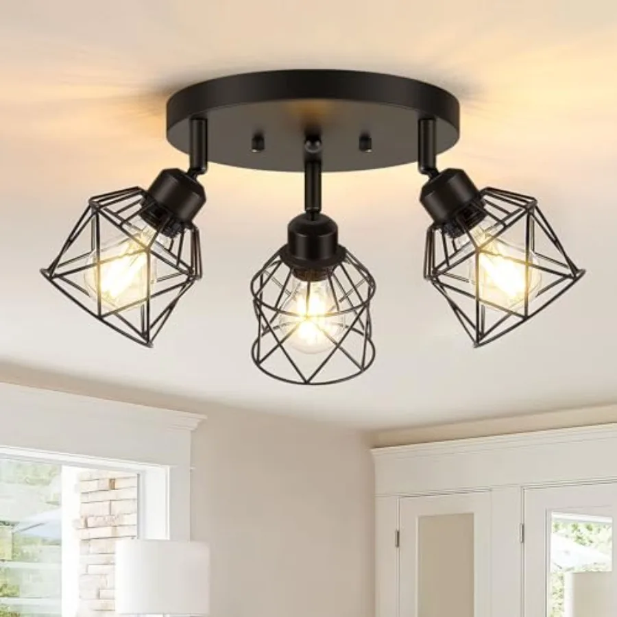 Kitchen Flush Mount Ceiling Light, Adjustable Multi-Directional Ceiling Light Fixture, Farmhouse Metal Cage Close to Ceiling La
