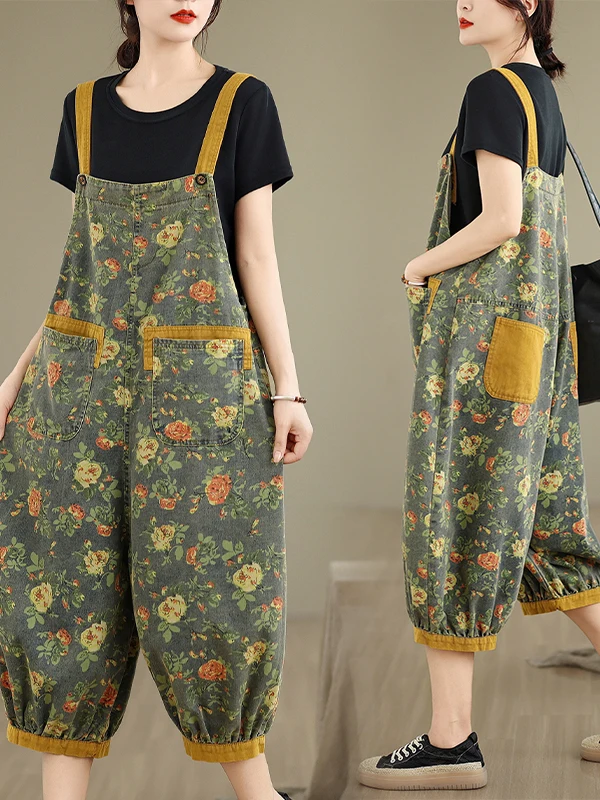 

Loose Fit Denim Overalls Women's Summer Faion Floral Print High Waist Nine Points Pants Comfortable Feel Thin Material