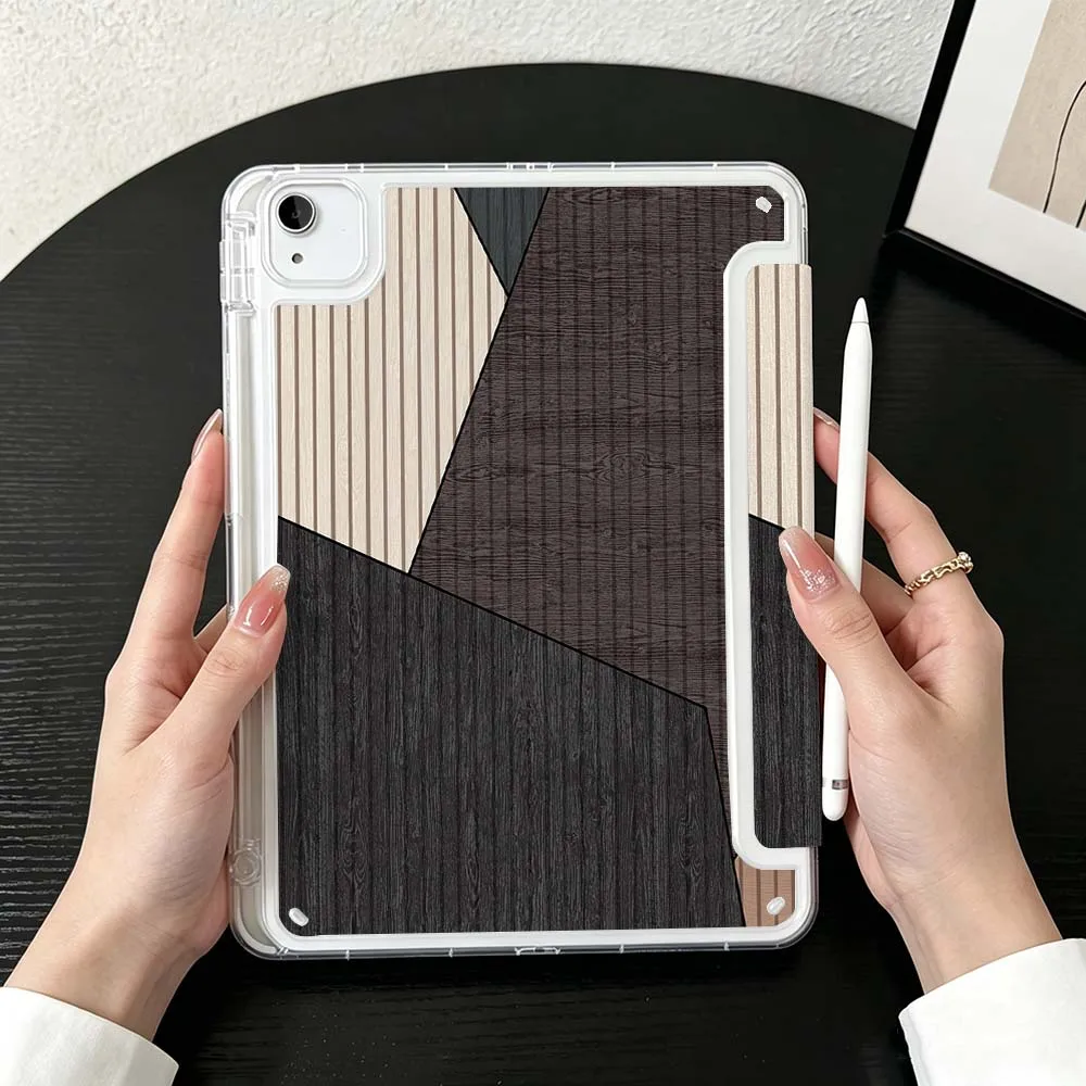 Vintage Wood Grain Pattern For iPad Mini Pro Air 5 6 7 8 9 11th 11 9.7 10.9 13 inch Transparent Y-Shaped Folding Tablet Case