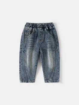2026 Spring 2-6Y Childrens Pants Curved Blade Silhouette Jeans for Boys Washed Finish Elastic Waistband Denim Pants