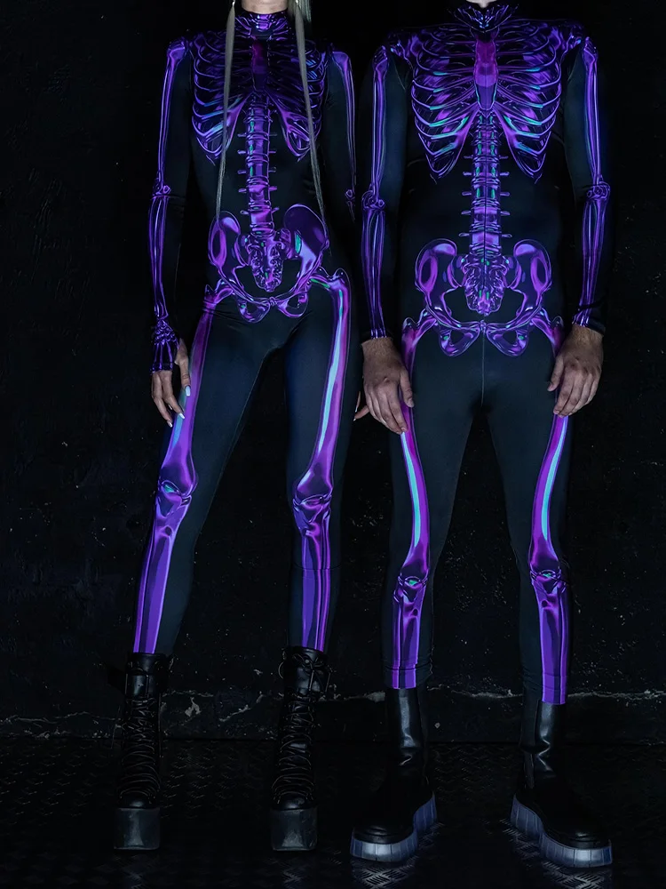 Ludzkie szkielet czaszka Zentai garnitur Halloween para body Cosplay kombinezony unisex na imprezę karnawałową klub nocny kostium robota