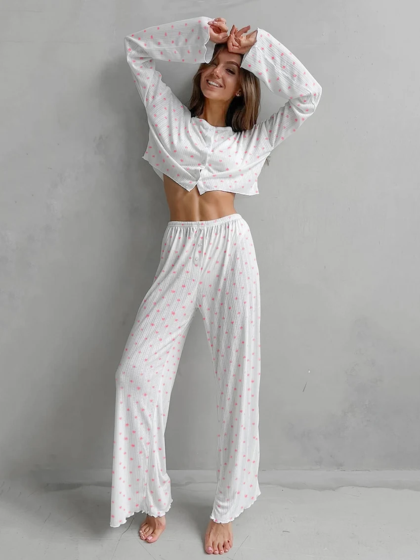 

Marthaqiqi Printing Female Nightgowns Set Long Sleeve Pajama O-Neck Nightie Crop Top Nightwear Pants Casual Women Sleepwear Suit