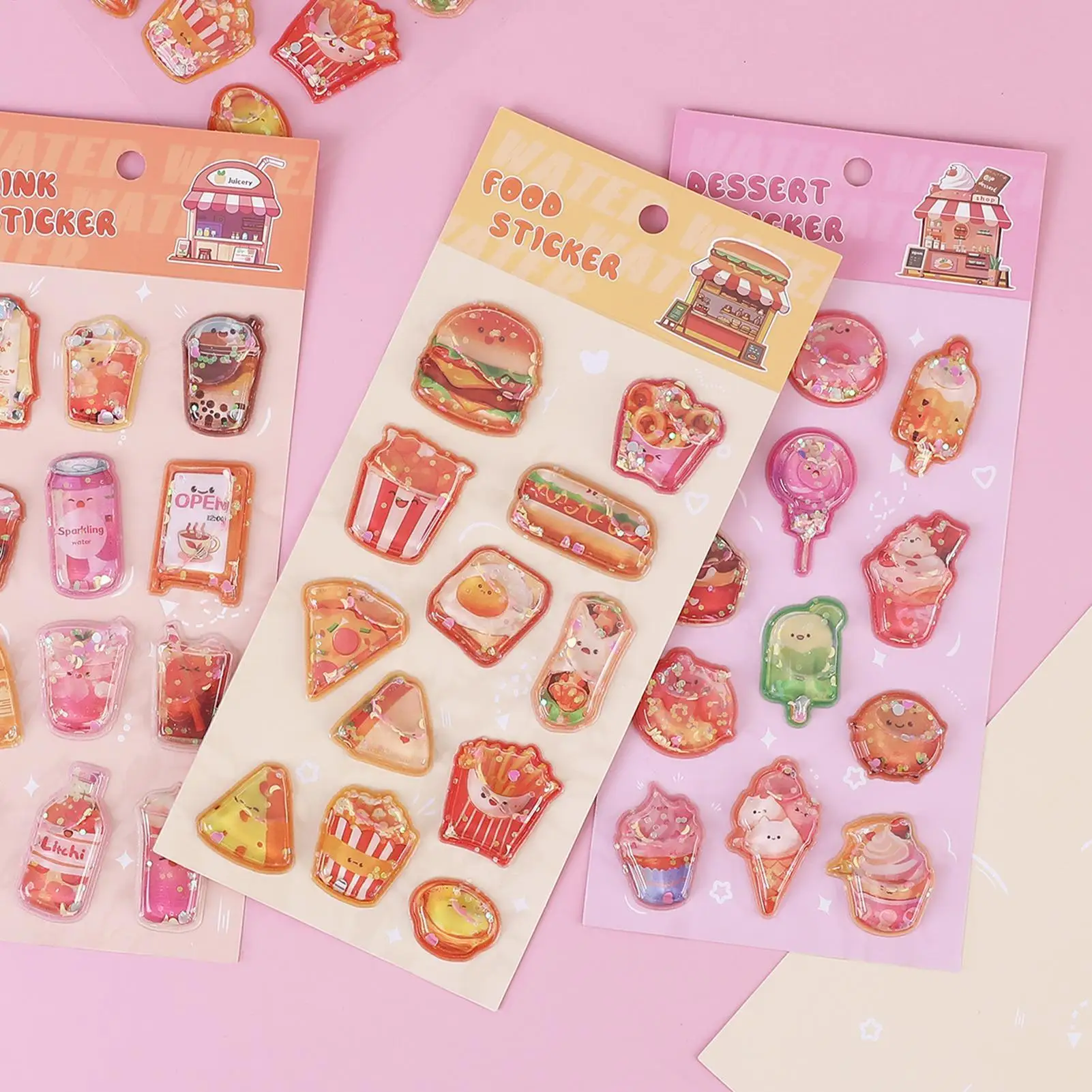 Adorable Assorted Decals 3D Embossed Crystal Children Stickers, Cartoon Mini Hamburger Ice Cream Milk Tea 3D Journal Stickers