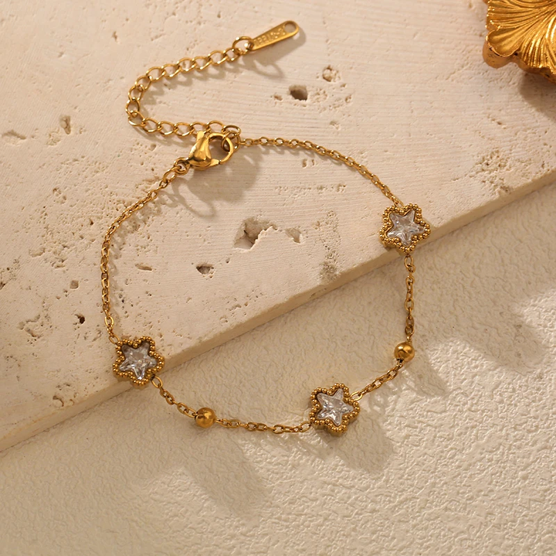 EILIECK Edelstahl Fünfzackiger Stern Zirkon Halskette Armbänder Ohrringe Set für Damen 18K Vergoldet Wasserdichter Schmuck – Detail 19