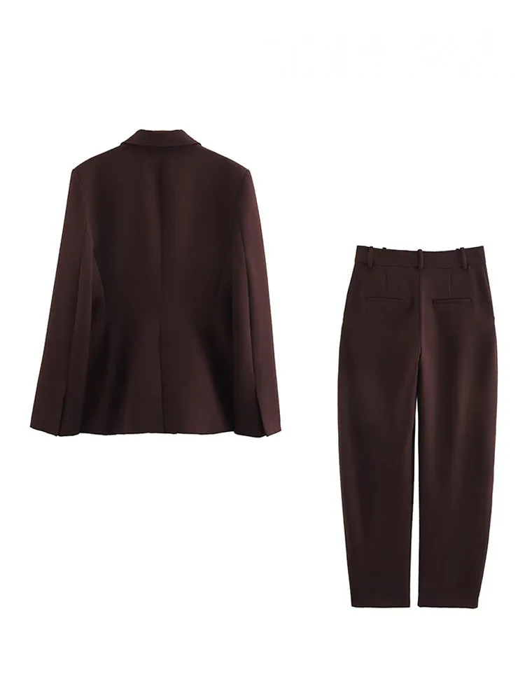 HH Women 2 Piece Set Lapel Long Sleeves Single Breasted Pocket Decorate Blazer Top+Fashion Side Pockets Zipper Trousers