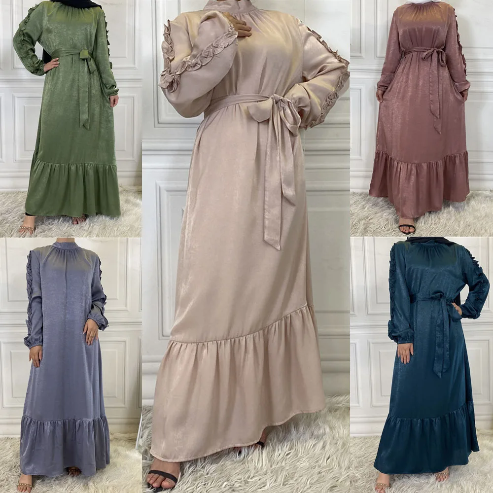 

New Islamic Muslim Women Long Dress Satin Ruffle Ramadan Abaya Arab Middle East Dubai Kaftan Casual Loose Kaftan Malaysia Turkey