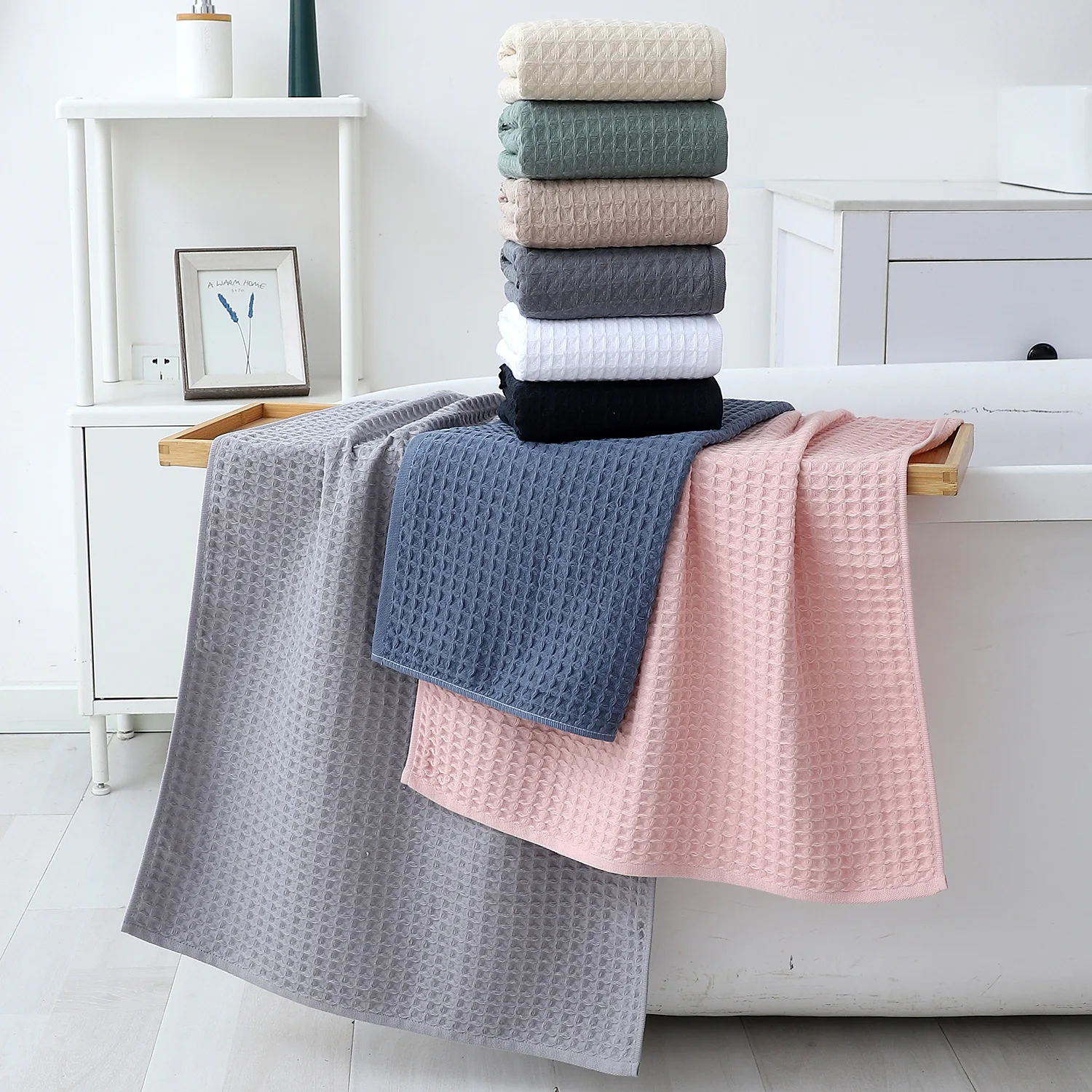 4 Pure Cotton 50*80cm Multi-Color Waffle Towels Are Skin-Friendly, Soft, Highly Absorbent and Durable, Can Be Used for Washing Face and Bathing in Home Bathroom