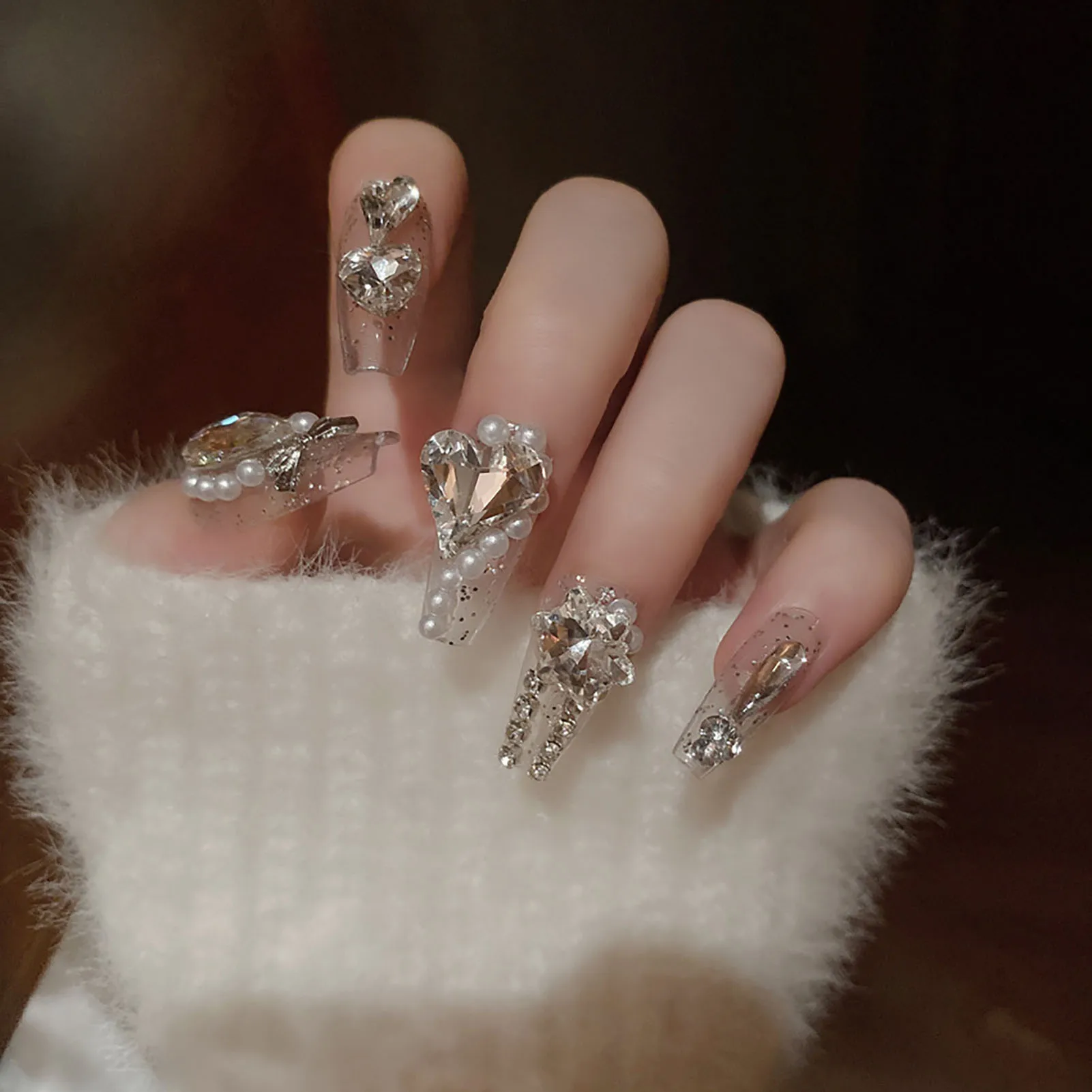 Pearl Rhinestone Decor Clear Long False Nails Long Lasting Safe Material Waterproof False Nails for Hot Girl Dress Matching